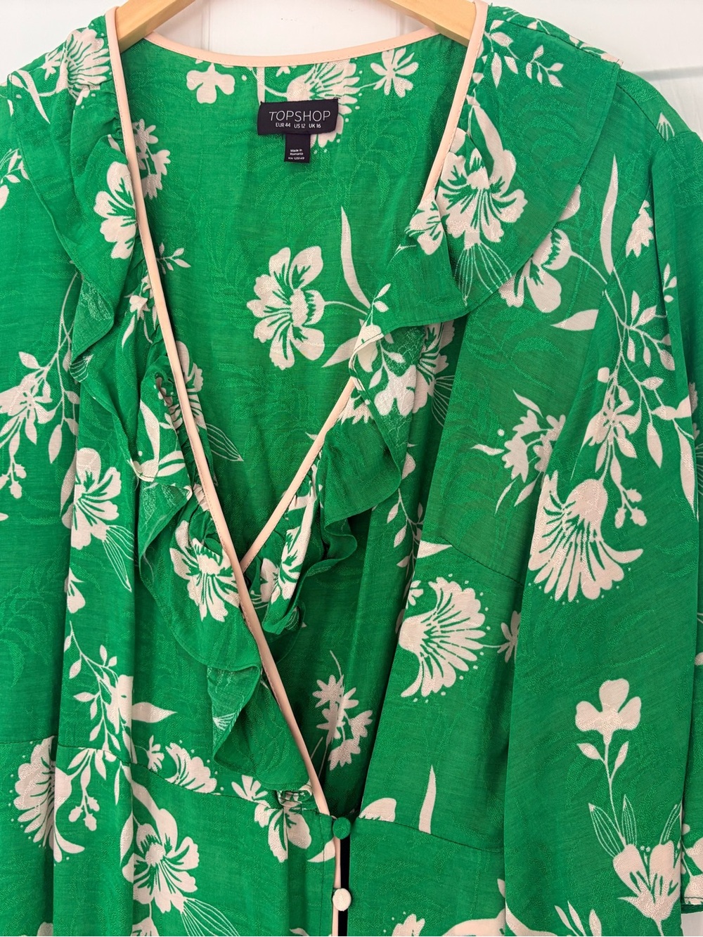 Topshop Green Floral Ruffle Wrap Midi Dress